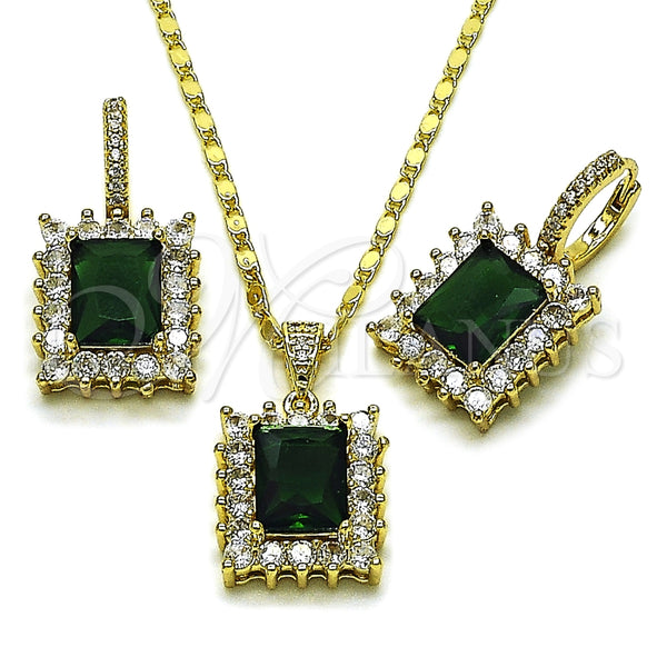 Juego de Arete y Dije de Adulto 10.196.0193 Oro Laminado, Diseño de Cluster, con Verde and Blanca Zirconia Cubica, Pulido, Tono Dorado