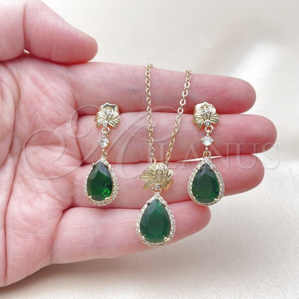 Juego de Arete y Dije de Adulto 10.196.0195 Oro Laminado, Diseño de Gota y Cluster, con Verde Zirconia Cubica and Blanca Micro Pave, Pulido, Tono Dorado