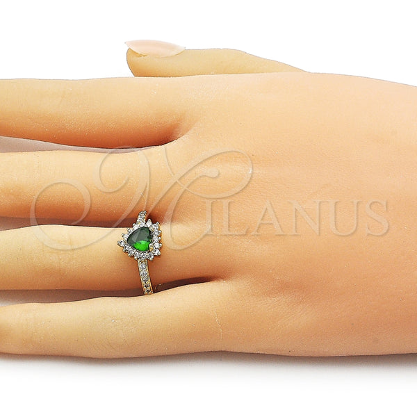Anillo Multi Piedra 01.196.0033 Oro Laminado, Diseño de Corazón y Cluster, con Verde and Blanca Zirconia Cubica, Pulido, Tono Dorado (One size fits all)