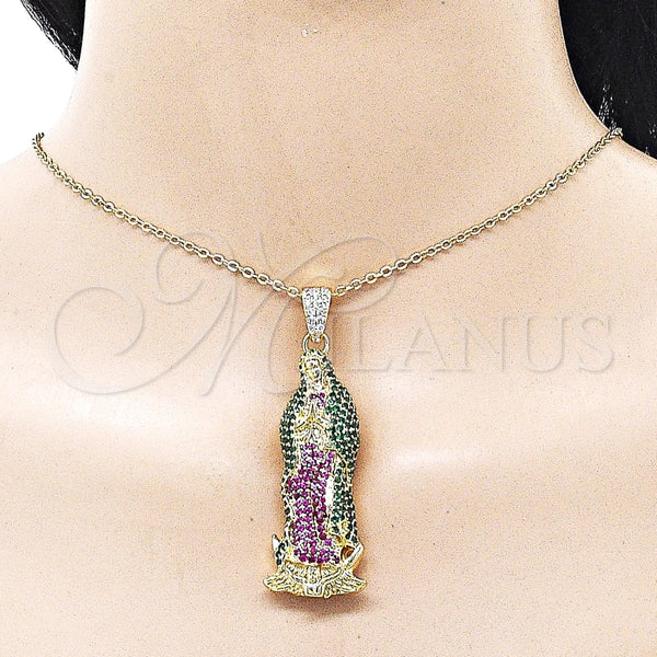 Dije Religioso 05.253.0197 Oro Laminado, Diseño de Guadalupe, con Multicolor Zirconia Cubica, Pulido, Tono Dorado