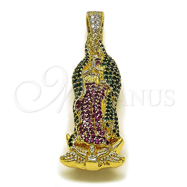 Dije Religioso 05.253.0197 Oro Laminado, Diseño de Guadalupe, con Multicolor Zirconia Cubica, Pulido, Tono Dorado