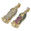 Dije Religioso 05.253.0197 Oro Laminado, Diseño de Guadalupe, con Multicolor Zirconia Cubica, Pulido, Tono Dorado