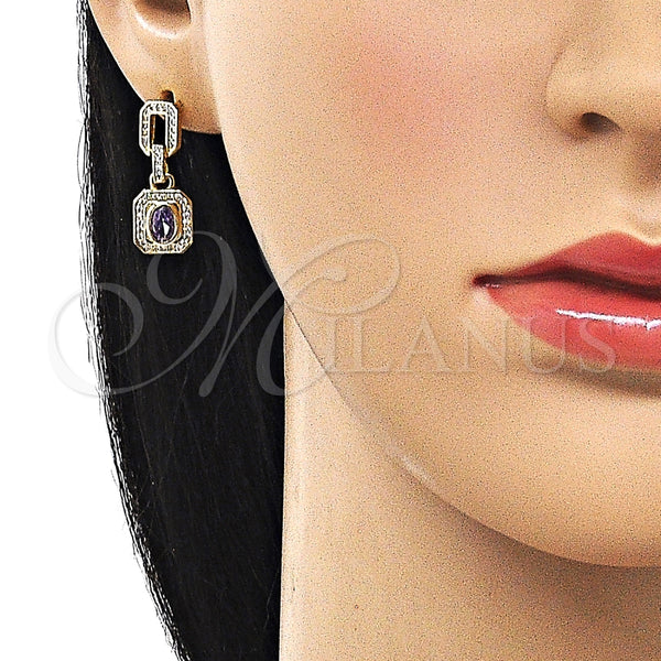 Arete Largo 02.213.0834.1 Oro Laminado, Diseño de Cluster y Hebilla del Cinturón, con Amatista Zirconia Cubica and Blanca Micro Pave, Pulido, Tono Dorado