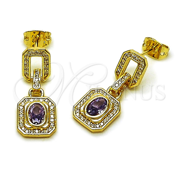 Arete Largo 02.213.0834.1 Oro Laminado, Diseño de Cluster y Hebilla del Cinturón, con Amatista Zirconia Cubica and Blanca Micro Pave, Pulido, Tono Dorado