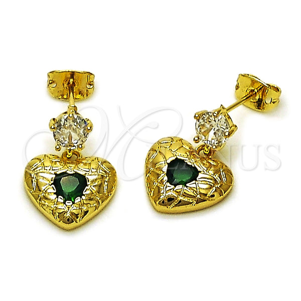 Arete Dormilona 02.213.0836 Oro Laminado, Diseño de Corazón, con Verde and Blanca Zirconia Cubica, Pulido, Tono Dorado