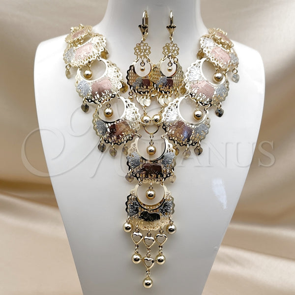 Collar y Dije 06.331.0009 Oro Laminado, Diseño de Elefante y Corazón, con Blanca Cristal, Diamantado, Tres Tonos