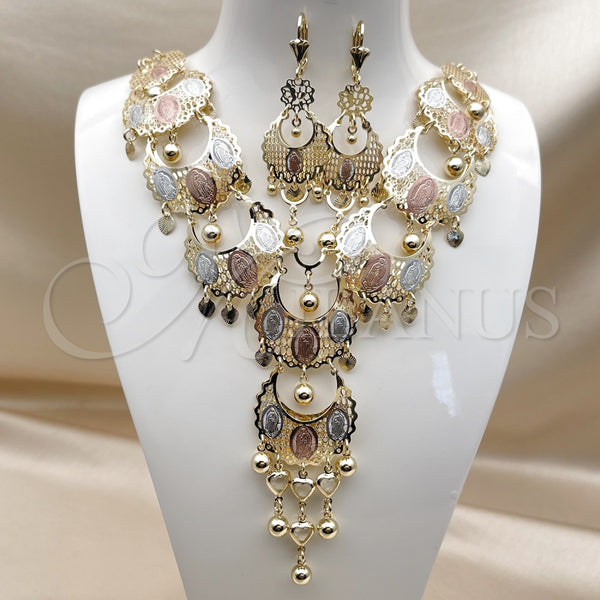 Collar y Dije 06.331.0010 Oro Laminado, Diseño de Guadalupe y Corazón, con Blanca Cristal, Diamantado, Tres Tonos