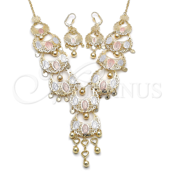 Collar y Dije 06.331.0010 Oro Laminado, Diseño de Guadalupe y Corazón, con Blanca Cristal, Diamantado, Tres Tonos