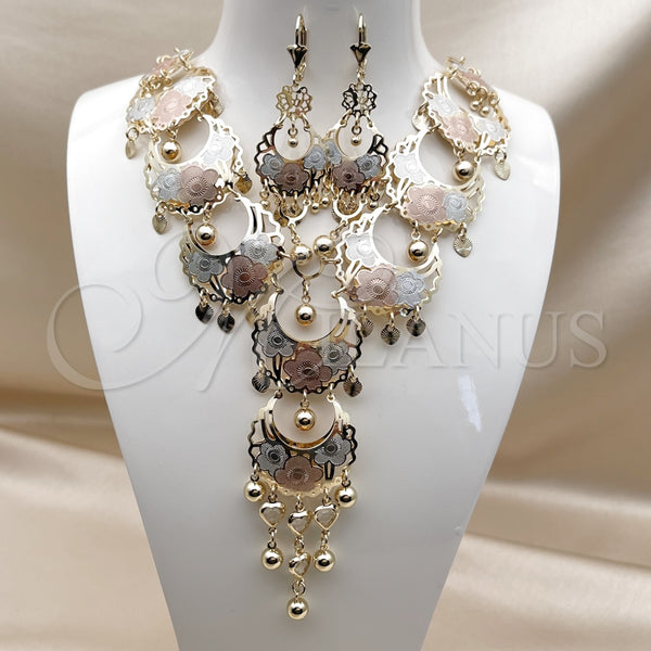 Collar y Dije 06.331.0011 Oro Laminado, Diseño de Flor y Corazón, con Blanca Cristal, Diamantado, Tres Tonos