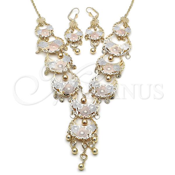 Collar y Dije 06.331.0011 Oro Laminado, Diseño de Flor y Corazón, con Blanca Cristal, Diamantado, Tres Tonos