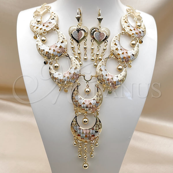 Collar y Dije 06.331.0012 Oro Laminado, Diseño de Corazón y Bola, Diamantado, Tres Tonos