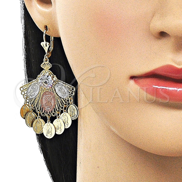 Arete Largo 02.331.0059 Oro Laminado, Diseño de Guadalupe, con Blanca Zirconia Cubica, Diamantado, Tres Tonos