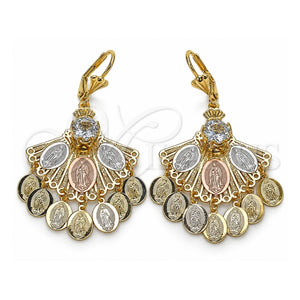 Arete Largo 02.331.0059 Oro Laminado, Diseño de Guadalupe, con Zirconia Cubica Blanca, Diamantado, Tres Tonos