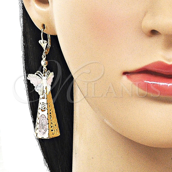 Arete Largo 02.331.0066 Oro Laminado, Diseño de Guadalupe y Mariposa, Pulido, Tres Tonos