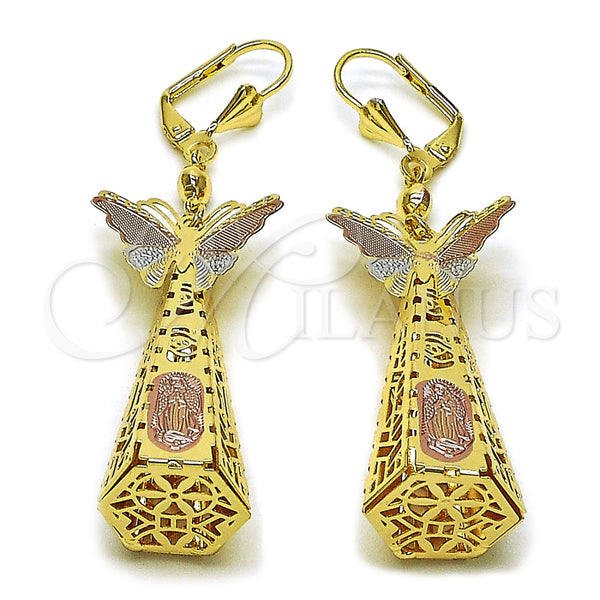 Arete Largo 02.331.0066 Oro Laminado, Diseño de Guadalupe y Mariposa, Pulido, Tres Tonos