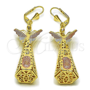 Arete Largo 02.331.0066 Oro Laminado, Diseño de Guadalupe y Mariposa, Pulido, Tres Tonos