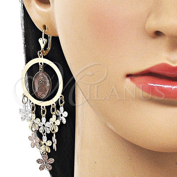 Arete Chandelier 02.331.0067 Oro Laminado, Diseño de Guadalupe y Flor, Diamantado, Tres Tonos