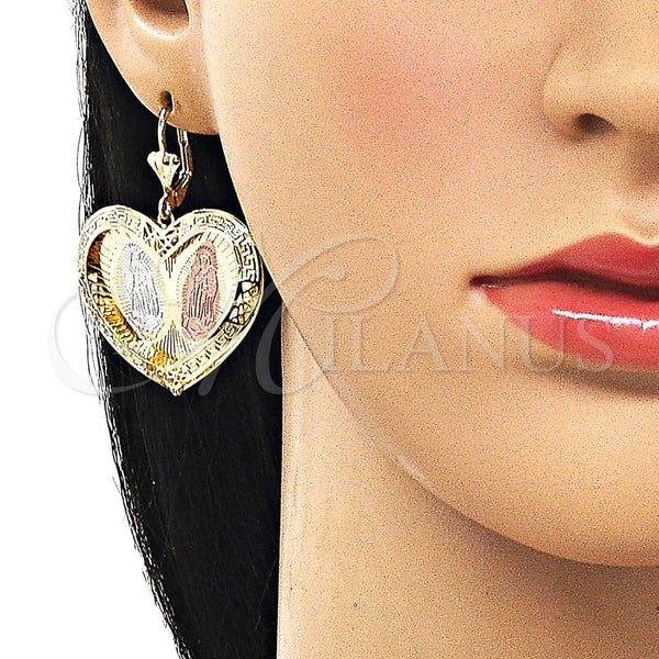 Arete Colgante 02.331.0075 Oro Laminado, Diseño de Corazón y Guadalupe, Diamantado, Tres Tonos
