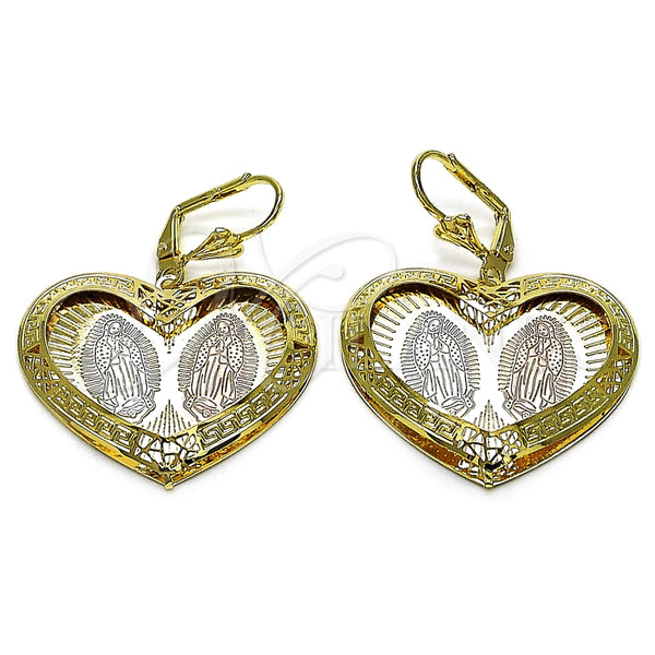Arete Colgante 02.331.0075 Oro Laminado, Diseño de Corazón y Guadalupe, Diamantado, Tres Tonos