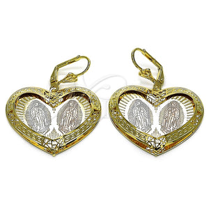 Arete Colgante 02.331.0075 Oro Laminado, Diseño de Corazón y Guadalupe, Diamantado, Tres Tonos
