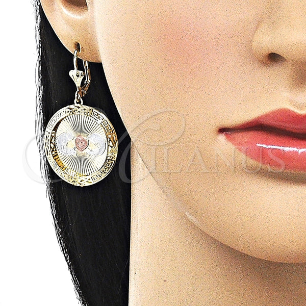 Arete Colgante 02.331.0076 Oro Laminado, Diseño de Delfín y Corazón, Diamantado, Tres Tonos