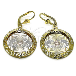 Arete Colgante 02.331.0076 Oro Laminado, Diseño de Delfín y Corazón, Diamantado, Tres Tonos