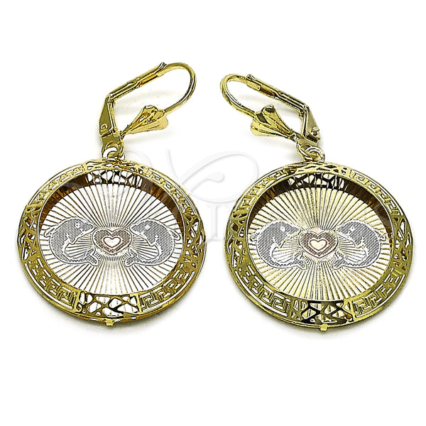Arete Colgante 02.331.0076 Oro Laminado, Diseño de Delfín y Corazón, Diamantado, Tres Tonos