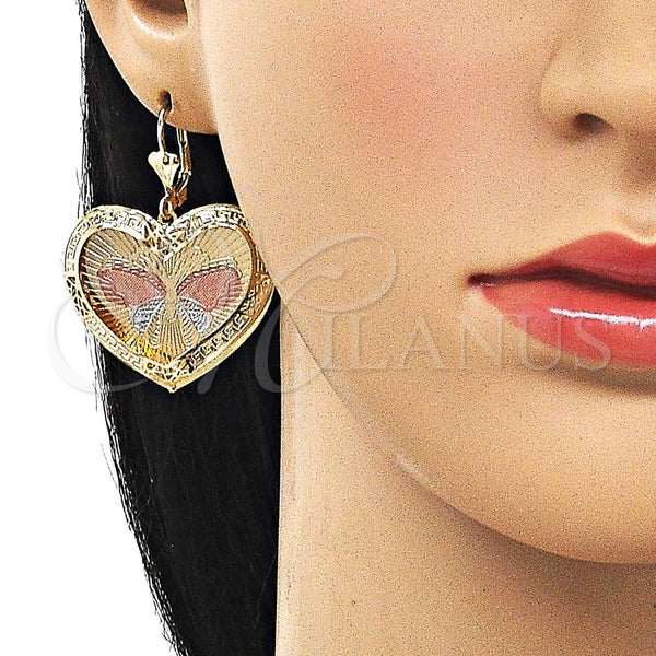 Arete Colgante 02.331.0077 Oro Laminado, Diseño de Corazón y Mariposa, Diamantado, Tres Tonos