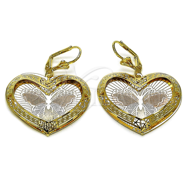 Arete Colgante 02.331.0077 Oro Laminado, Diseño de Corazón y Mariposa, Diamantado, Tres Tonos