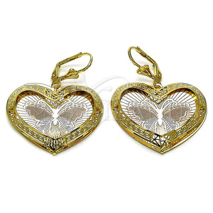 Arete Colgante 02.331.0077 Oro Laminado, Diseño de Corazón y Mariposa, Diamantado, Tres Tonos