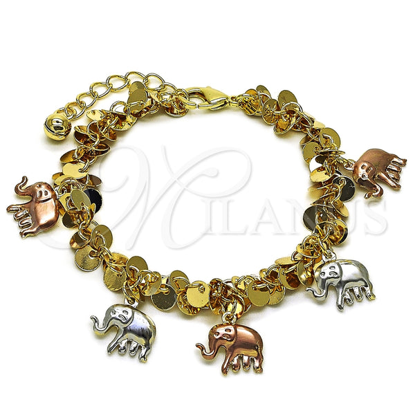 Pulsera de Dije 03.331.0335.07 Oro Laminado, Diseño de Elefante, Pulido, Tres Tonos (06 MM Thickness, 7 Inches Length)