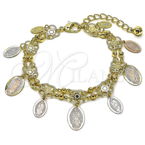 Pulsera de Dije 03.331.0336.07 Oro Laminado, Diseño de Guadalupe, Mate, Tres Tonos (10 MM Thickness, 8 Inches Length)