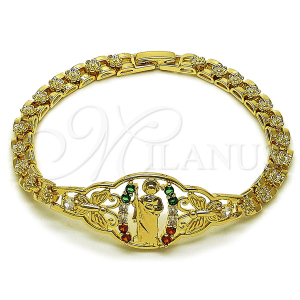 Pulsera Elegante 03.283.0412.1.07 Oro Laminado, Diseño de San Judas y Mariposa, con Multicolor Zirconia Cubica, Pulido, Tono Dorado (06 MM Thickness, 7 Inches Length)