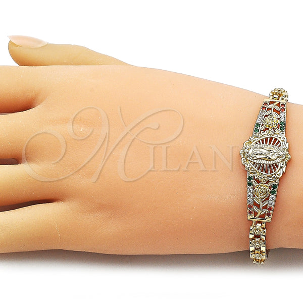 Pulsera Elegante 03.283.0500.1.07 Oro Laminado, Diseño de Guadalupe y Flor, con Multicolor Zirconia Cubica, Pulido, Tono Dorado (Thickness, 8 Inches Length)