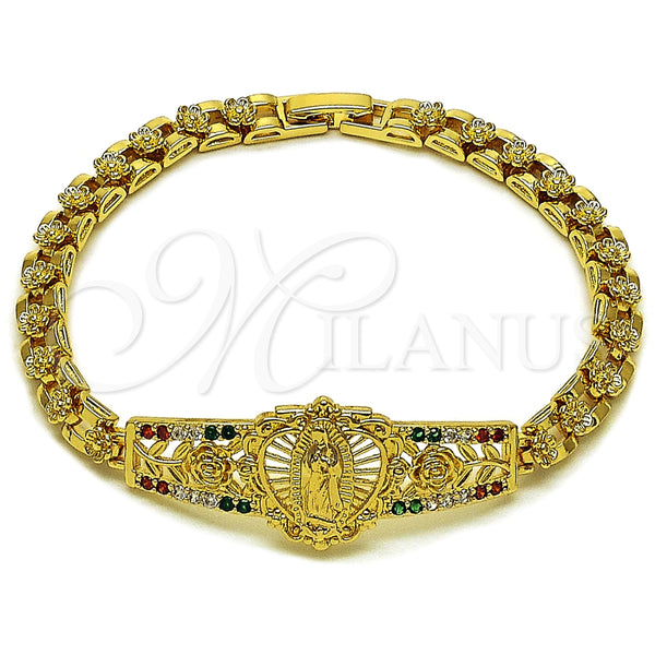 Pulsera Elegante 03.283.0500.1.07 Oro Laminado, Diseño de Guadalupe y Flor, con Multicolor Zirconia Cubica, Pulido, Tono Dorado (Thickness, 8 Inches Length)