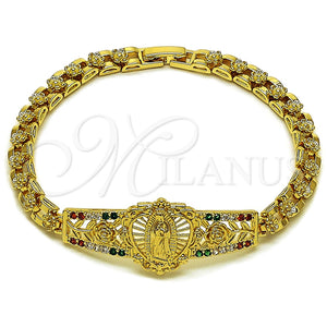 Pulsera Elegante 03.283.0500.1.07 Oro Laminado, Diseño de Guadalupe y Flor, con Multicolor Zirconia Cubica, Pulido, Tono Dorado (Thickness, 8 Inches Length)