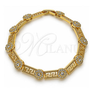 Pulsera Elegante 03.283.0507.08 Oro Laminado, Diseño de Llave Griega y Cluster, con Zirconia Cubica Blanca, Pulido, Tono Dorado (Grosor 08 MM, 8 Pulgadas de Largo)