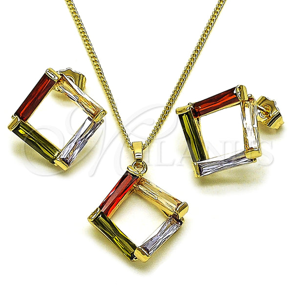 Juego de Arete y Dije de Adulto 10.283.0031 Oro Laminado, Diseño de Baguette, con Multicolor Zirconia Cubica, Pulido, Tono Dorado