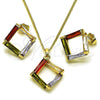 Juego de Arete y Dije de Adulto 10.283.0031 Oro Laminado, Diseño de Baguette, con Multicolor Zirconia Cubica, Pulido, Tono Dorado
