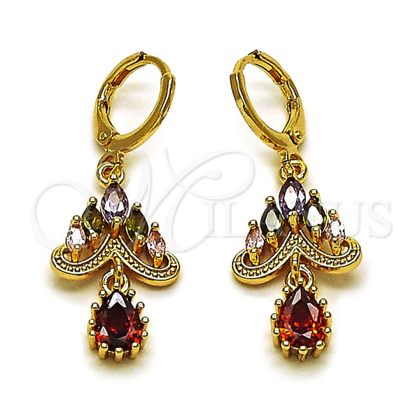 Arete Largo 02.283.0294 Oro Laminado, Diseño de Gota, con Multicolor and Granate Zirconia Cubica, Pulido, Tono Dorado