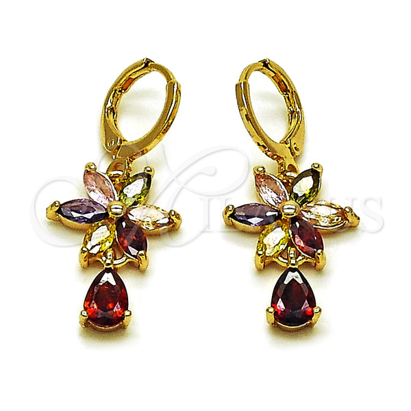 Arete Largo 02.283.0295 Oro Laminado, Diseño de Flor y Gota, con Multicolor and Granate Zirconia Cubica, Pulido, Tono Dorado