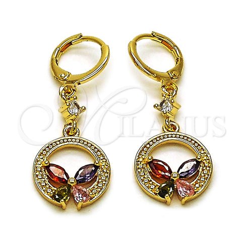 Arete Largo 02.283.0296 Oro Laminado, Diseño de Mariposa, con Multicolor Zirconia Cubica, Pulido, Tono Dorado