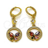 Arete Largo 02.283.0296 Oro Laminado, Diseño de Mariposa, con Multicolor Zirconia Cubica, Pulido, Tono Dorado