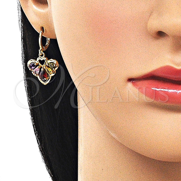 Arete Largo 02.283.0297 Oro Laminado, Diseño de Corazón y Gota, con Multicolor Zirconia Cubica, Pulido, Tono Dorado