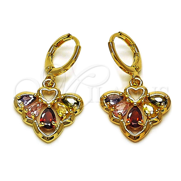 Arete Largo 02.283.0297 Oro Laminado, Diseño de Corazón y Gota, con Multicolor Zirconia Cubica, Pulido, Tono Dorado