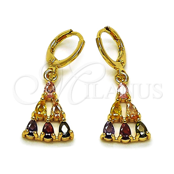 Arete Largo 02.283.0299 Oro Laminado, Diseño de Gota, con Multicolor Zirconia Cubica, Pulido, Tono Dorado