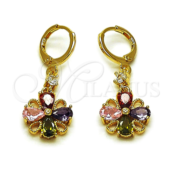 Arete Largo 02.283.0301 Oro Laminado, Diseño de Flor, con Multicolor Zirconia Cubica, Pulido, Tono Dorado