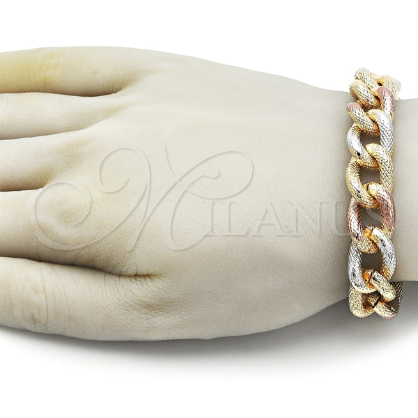 Pulsera Elegante 03.331.0236.1.09 Oro Laminado, Diseño de Miami Cubana, Diamantado, Tres Tonos (14 MM Thickness, 9 Inches Length)