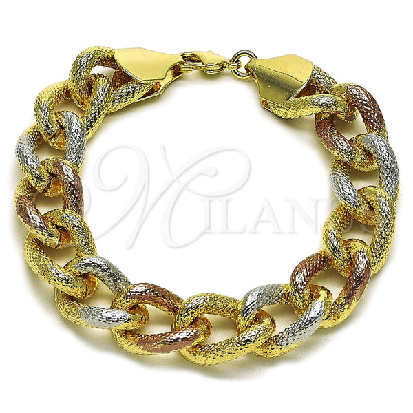 Pulsera Elegante 03.331.0236.1.09 Oro Laminado, Diseño de Miami Cubana, Diamantado, Tres Tonos (14 MM Thickness, 9 Inches Length)