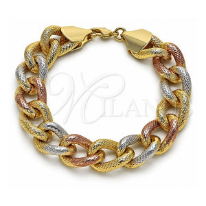 Pulsera Elegante 03.331.0236.1.09 Oro Laminado, Diseño de Miami Cubana, Diamantado, Tres Tonos (Grosor 14 MM, 9 Pulgadas de Largo)
